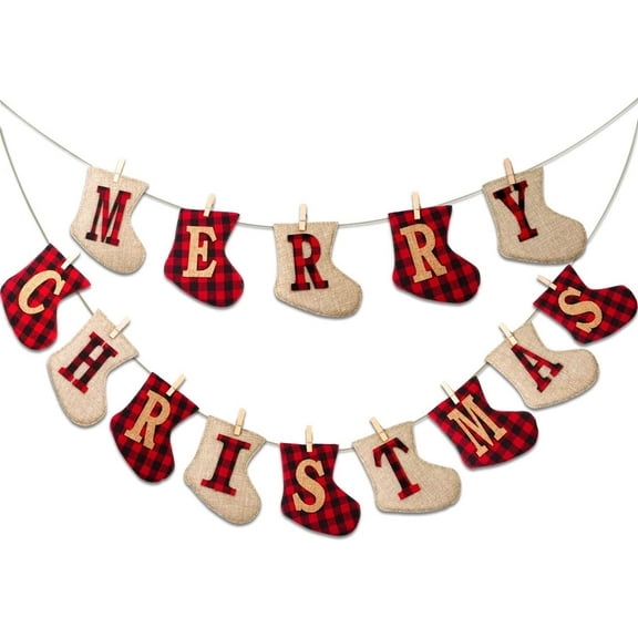 TETOU 1 Set Merry Christmas Burlap Banner,Sock Shaped Christmas Hanging Decoration for Rustic Holidays Mantle Fireplace Xmas Party Indoor Outdoor Supplies