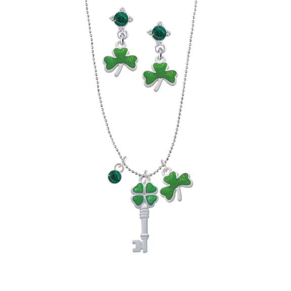 Delight Jewelry Silvertone Translucent Green Lucky Four Leaf Clover Key Green Shamrock Necklace and Clover Earrings Jewelry Set