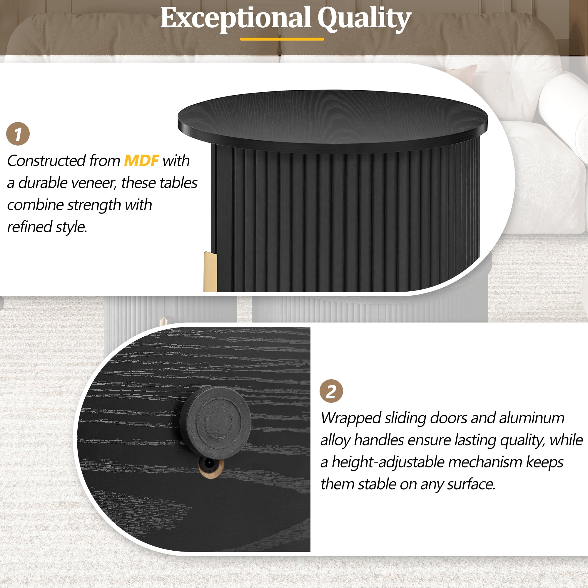 Euroco Mid-Century Coffee Table Set with Sliding Tambour Door, Round Fluted End Table With Storage, Golden Handle Tall & Low Side Table with Wooden Finish for Living Room, Set of Two