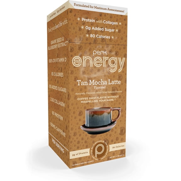 Perk Energy Drink Mix (Tan Mocha Latte) 10 Stick Packs - Caffeinated Healthy Coffee Alternative with Protein, 100mg of Caffeine, Gluten-Free, Soy-Free