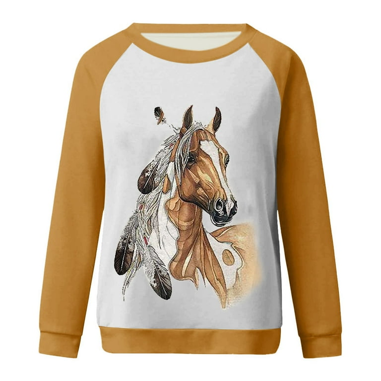 Womens Horse Print Sweatshirt Casual Crew Neck Long Sleeve Shirts