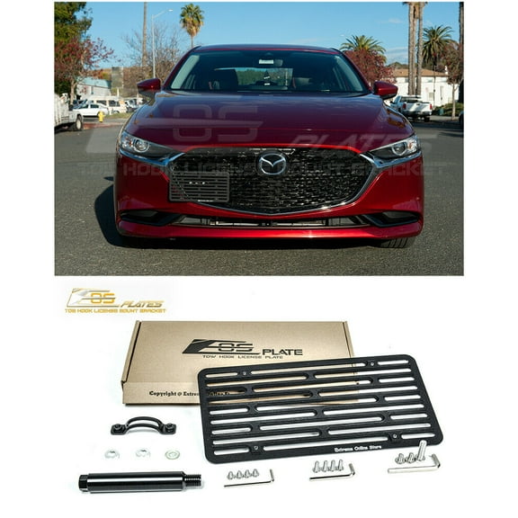 Extreme Online Store Replacement For 2019-Present Mazda 3 Models | EOS Plate Version 2 Front Bumper Tow Hook License Relocator Mount Bracket Tow-507-V2 (Full Size)