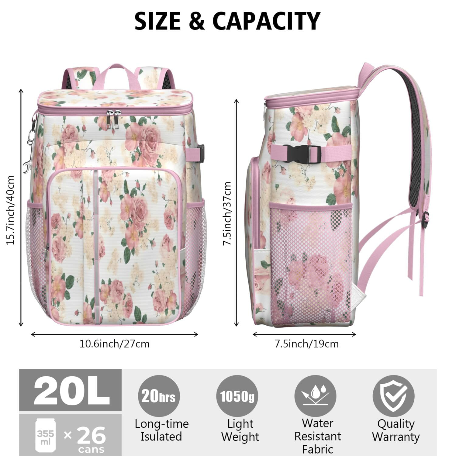 Travel Cooler Bag - Pioneer Flower Floral Print Pattern Camping Beer Cooler Backpack with Bottle Opener- Waterproof Insulated Picnic Backpacks - Cooler Bag for Beach