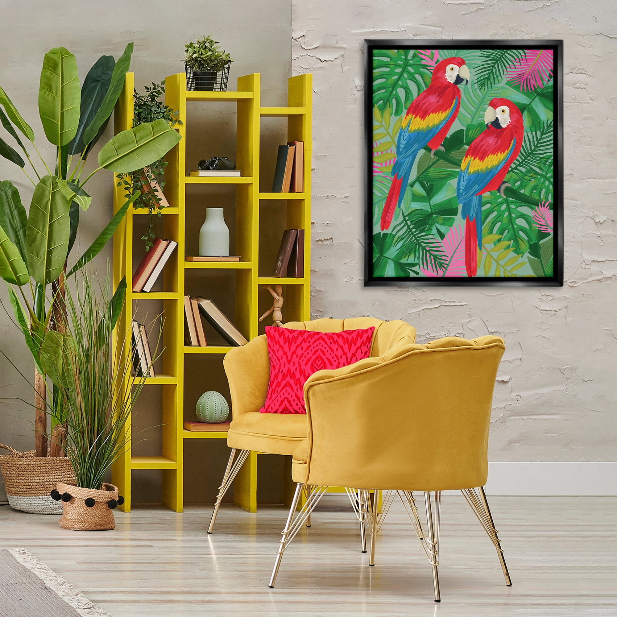 Stupell Industries Pink Paradise Parrots Animals Painting Black Floater Framed Canvas Art Print Wall Art, 25 x 31