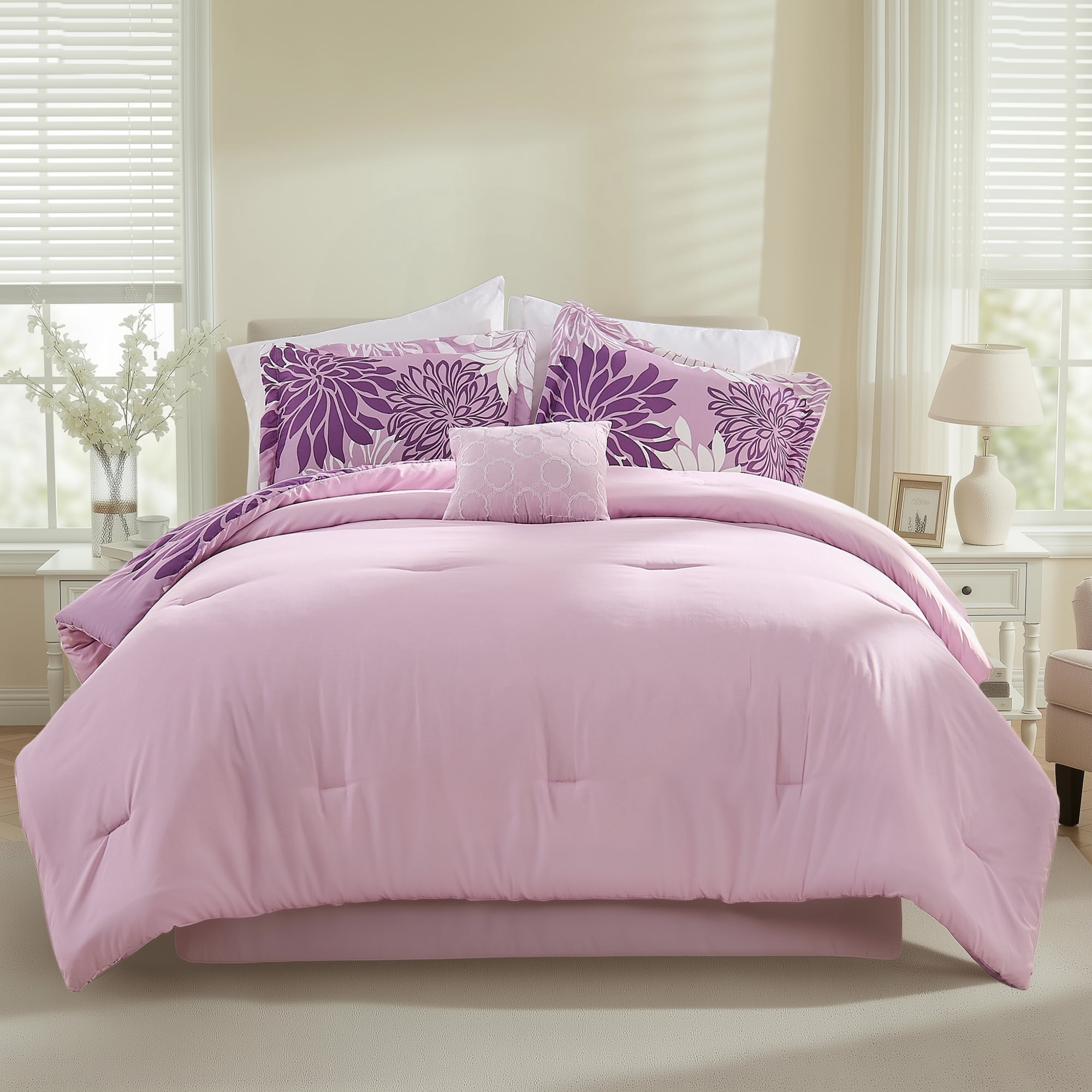 Regency Heights King Size Comforter Set, 5-Piece Floral Bedding Set for All Season, Purple Comforter Set King with Bed Skirt