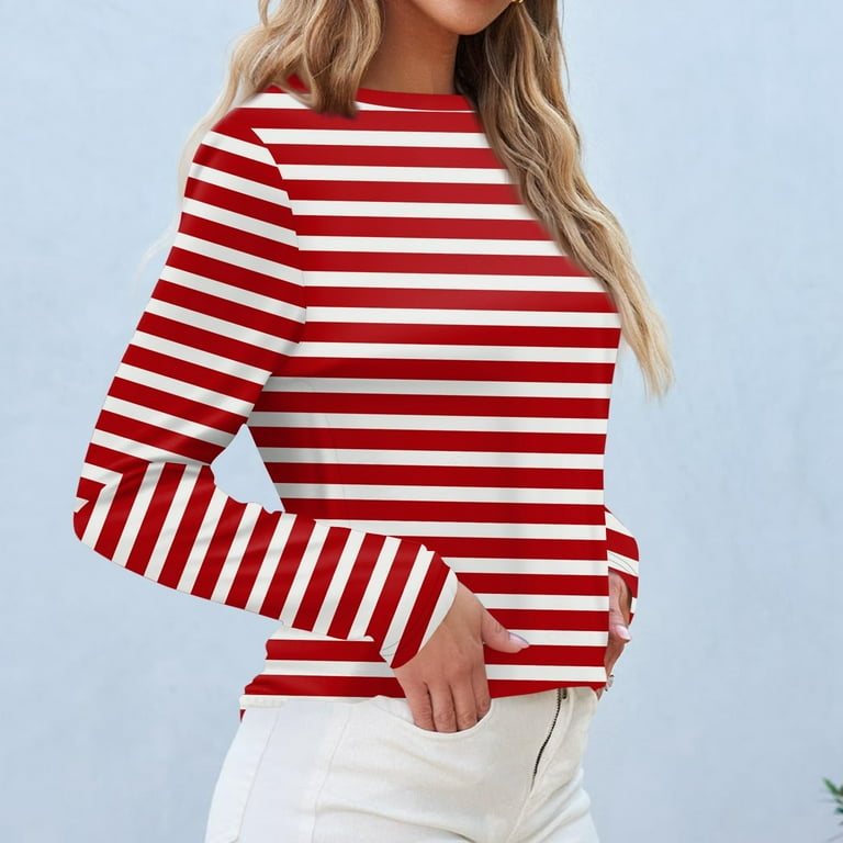 Women's Long Sleeve Striped T-Shirt, Casual Red and White