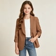 thumbnail image 2 of Girls Solid Color Blazer Jacket Kids Shawl Lapel Ruched 3/4 Sleeve One Button Casual Suit Coat Lightweight Dressy Outerwear for School Daily Wear(Coffee,8-9 Years), 2 of 5
