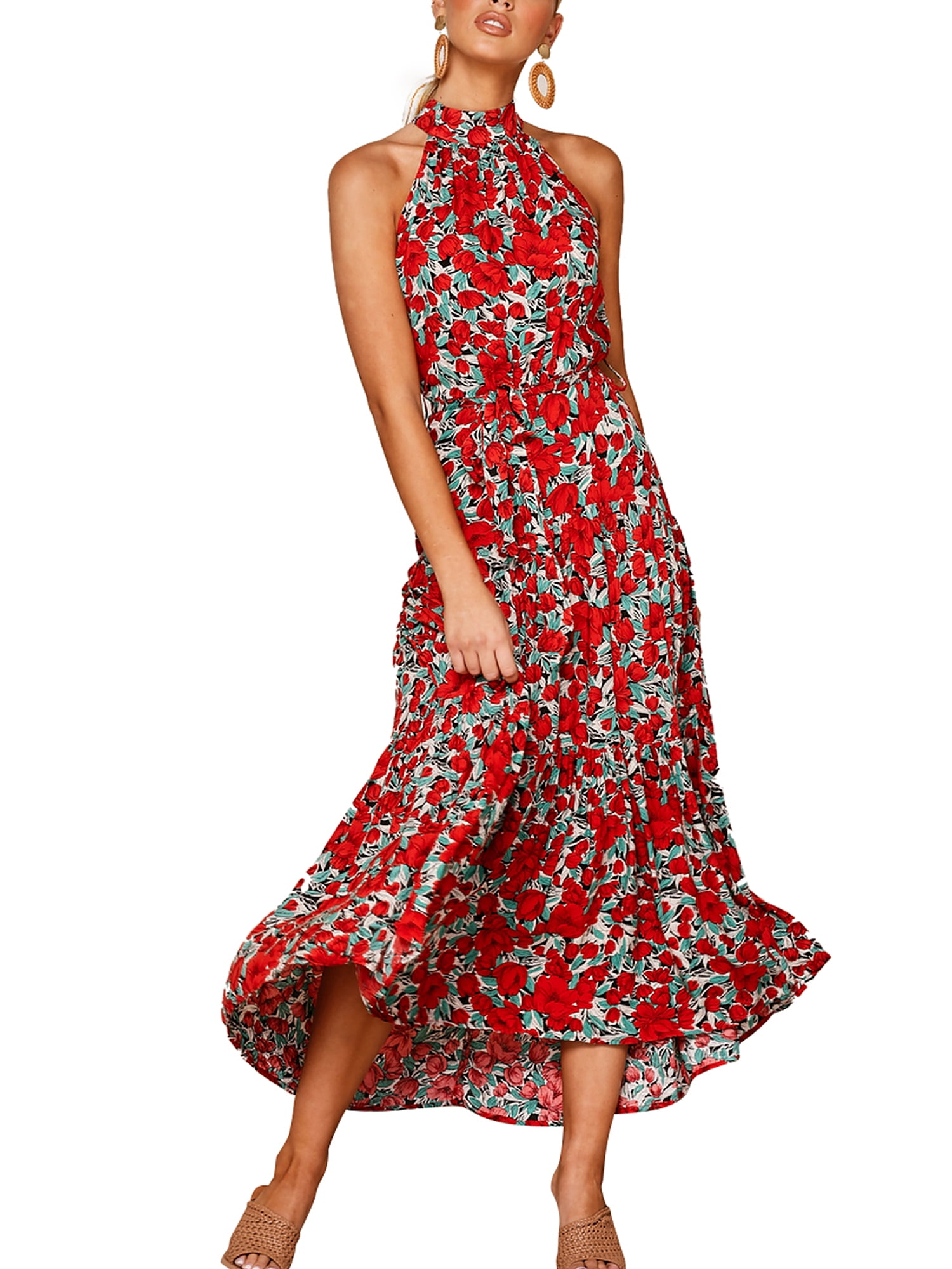 Women Sleeveless Floral Print Boho Casual O-Neck Long Maxi Dress Beach Sundress … Red,XL