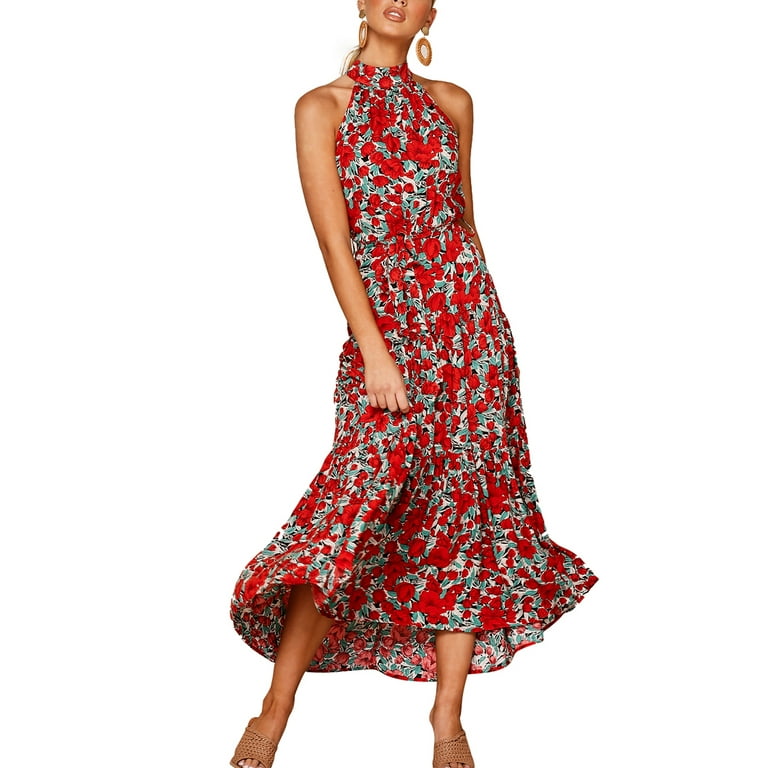 Auroural Summer Maxi Dress for Women Casual Plus Size Floral Print Dress  Cotton Linen Crewneck Irregular Hem Loose Long Dress Red at  Women's  Clothing store