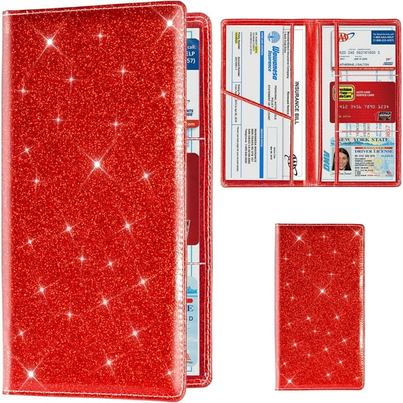 Car Registration and Insurance Card Holder, Vehicle License Document Glove Box Compartment Organizer, Interior Car Accessories for Women Men Teens (Glitter Red)