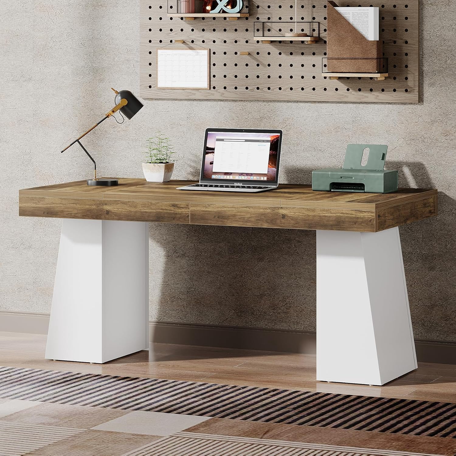 Tribesigns 55 Inches Executive Desk, Mid-Century Modern Home Office Desk with Double Trapezoid Base