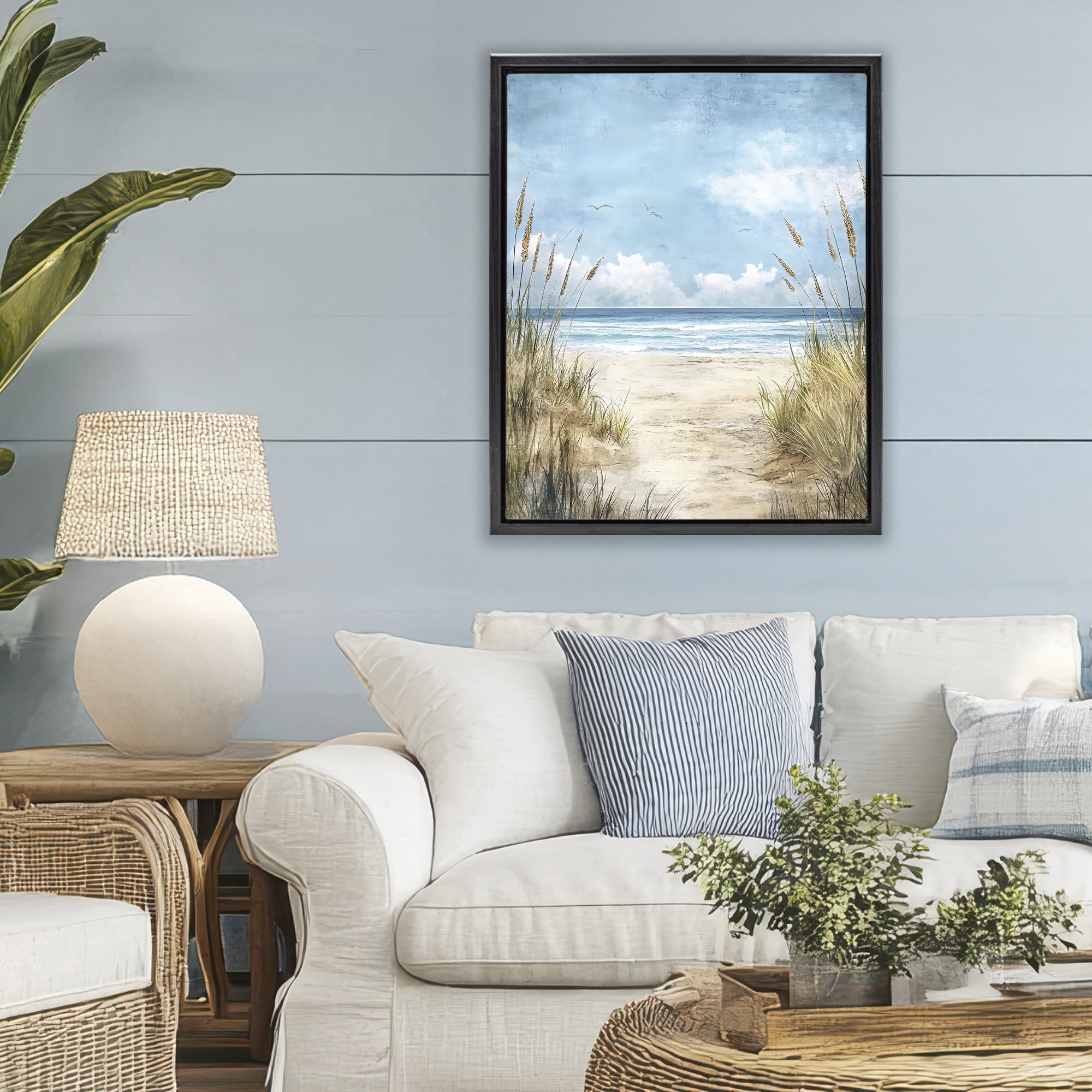 Stupell Industries Free Seagulls over Beach Dunes Black Framed Floater Canvas Wall Art, design by Creative Studio