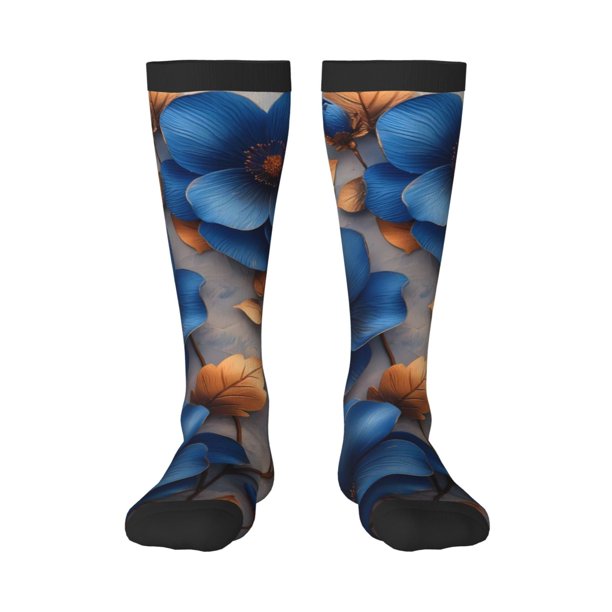 Fotbe Elegant Blue Gold Blooms Calcetas Divertidas Estampadas para Hombre y Mujer, Calcetas de Algodón hasta la Rodilla para Caminar, Correr, Enfermería y Embarazo