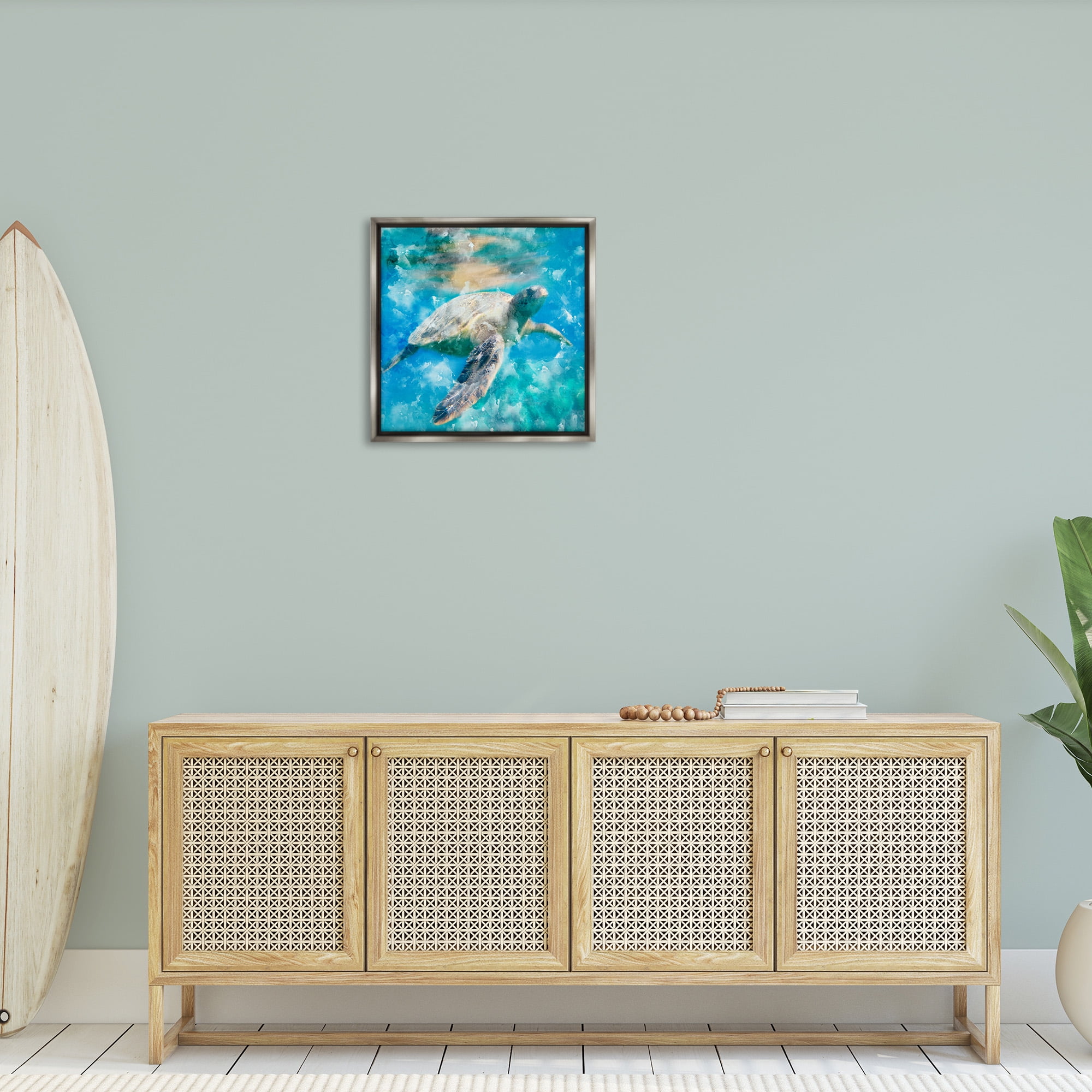 Stupell Industries Aquatic Swimming Sea Turtle Animals & Insects Painting Gray Floater Framed Canvas Art Print Wall Art, 25 x 25