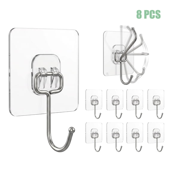Koomade 8 Pack Large Clear Adhesive Wall Hooks Stainless Steel Heavy Duty for Towels & Coats
