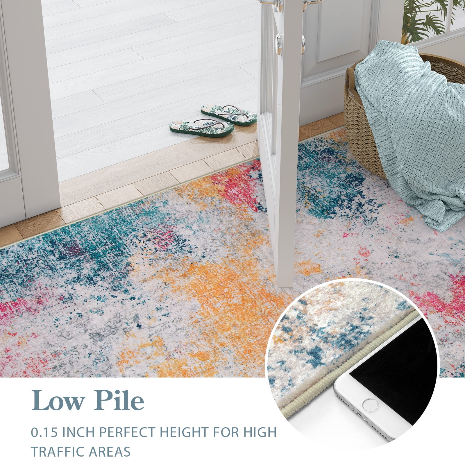 RUG ROBOT Abstract 6'x9' Area Rugs for Living Room, Washable Bedroom Rug Non-Slip, multi color area rug，Soft Modern Large Accent Carpet Throw Rug for Kitchen Dining Room Home Office, Ivory/Blue