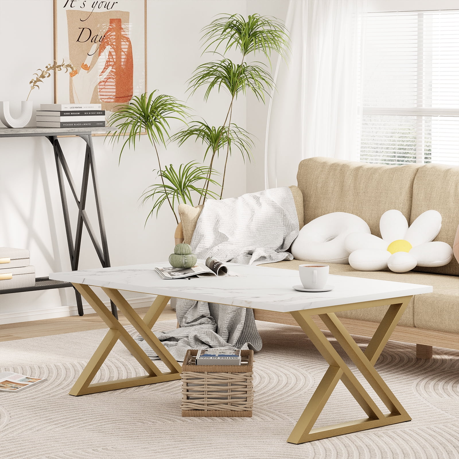 Coffee Table White Living Room Center Table, Simple Modern Faux Marble Rectangular Tea Table with Sturdy Black Metal Frame