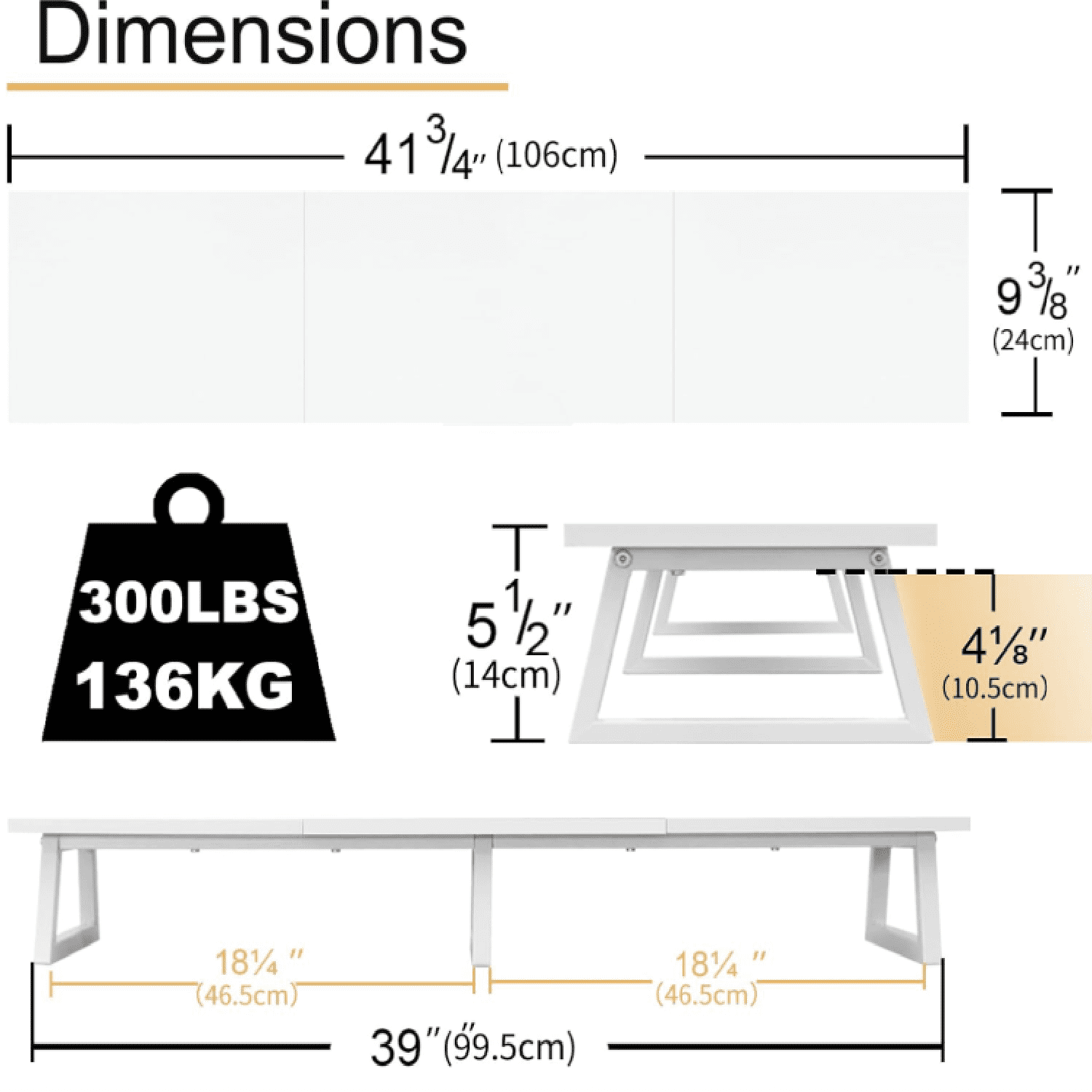 White Dual Monitor Riser for 2 Monitors-42inch, Wood Desktop Dual Stand with Metal Legs, Long Screen/PC/Laptop Storage,Computer Shelf TV Holder Home Office
