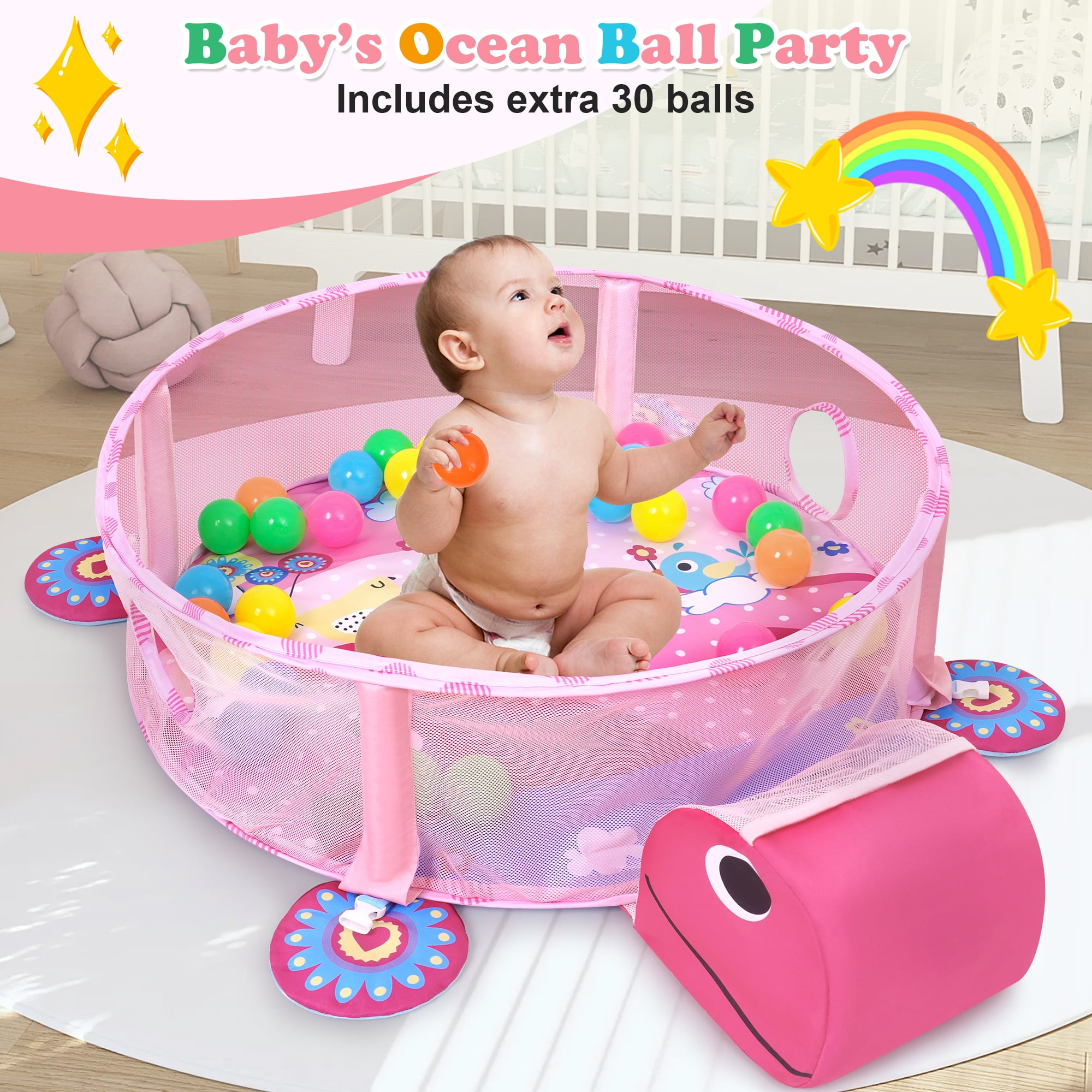 Babyeap 3-in-1 Baby Gym and Play Mat, Baby Activity with Ocean Ball Sensory Toys Gifts, 0-36 Months