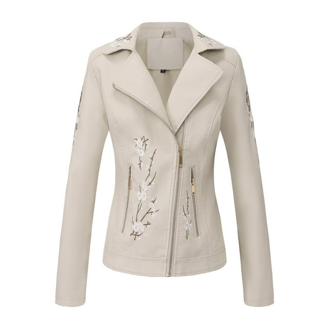 Vestes pour Femmes Brodées à Double Poche à Manches Longues Sans Capuche à Col Rabattu à Fermeture Éclair en Cuir