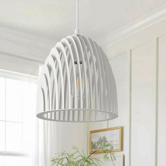 White Industrial Pendant Light, 9.84 IN Dome Caged Hanging Ceiling Lighting Fiture for Living Room Hallway Bedroom