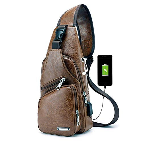 Hiking,Cycling Black PHABULS Mens Side Sling Faux Leather Backpack Chest Bag for Men with USB Charging Port for Travel