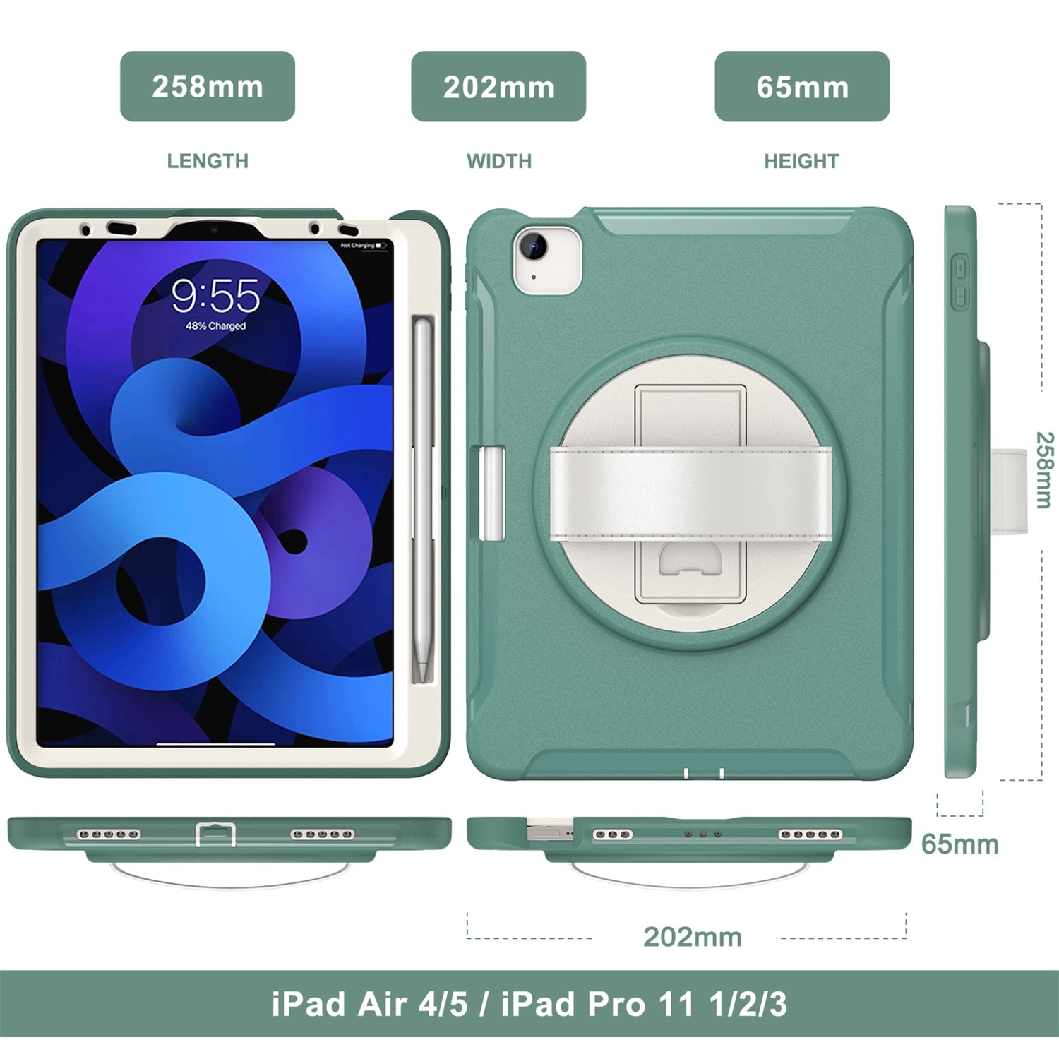 SaniMore for Apple iPad Air 11 2024 Case, 3 Layers Multi-Functional Case with Pencil Holder & Hand Strap Multi-Angle Kickstand Shockproof Protective Case for Women Men, Emeraldgreen