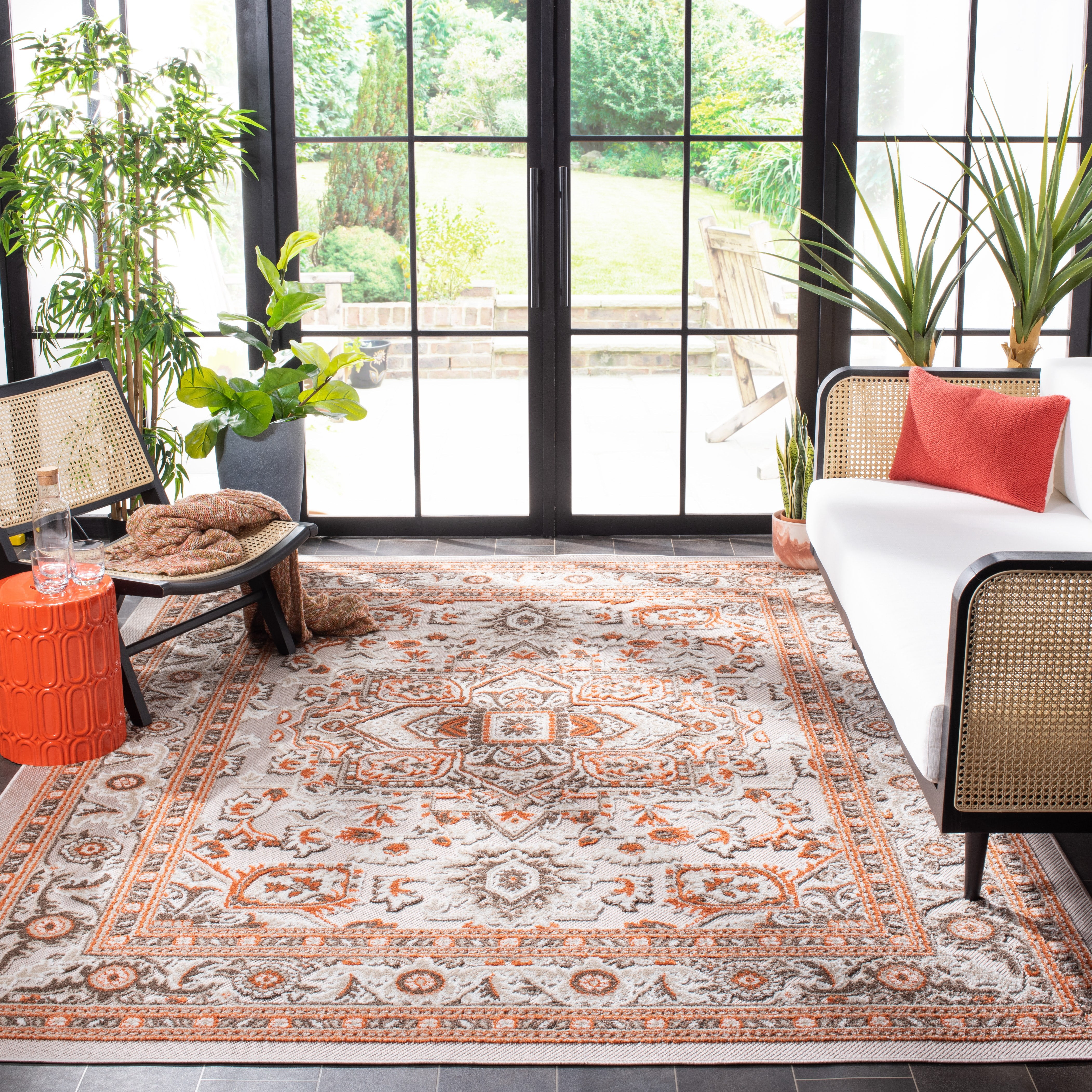 SAFAVIEH Cabana Greta Beige/Orange 2'2"X9' Runner Indoor/Outdoor Area Rug Beige/Orange, 6'7" x 6'7" Square
