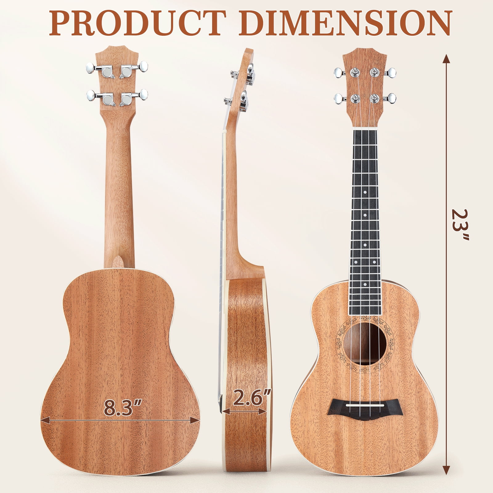 23-inch Ukulele, Mahogany Body 16-Fret 4-String Instrument with Complete Accessory Kit