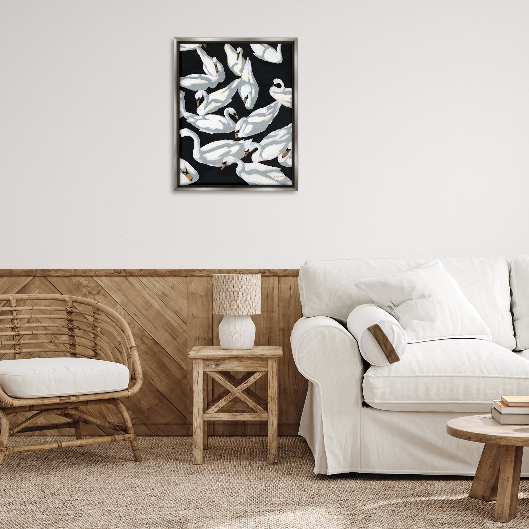 Stupell Industries Overlapping Swans on Black Animals Painting Gray Floater Framed Canvas Art Print Wall Art, 25 x 31