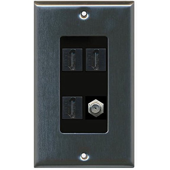 RiteAV - (1 Gang Decorative 3 Hdmi Black Coax Black Wall Plate Stainless (Black Insert)