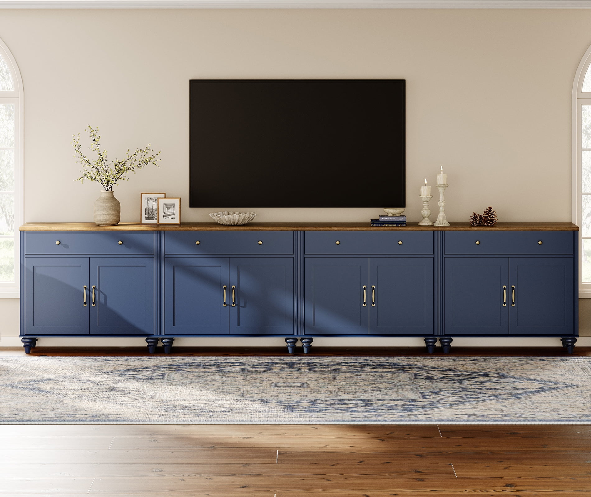 TV Stand for 100 inch TV with 8 Doors and 4 Drawers, Wood Universal TV Stands with Storage Cabinets, Entertainment Center TV Console Table for Living Room, Bedroom, Navy Blue