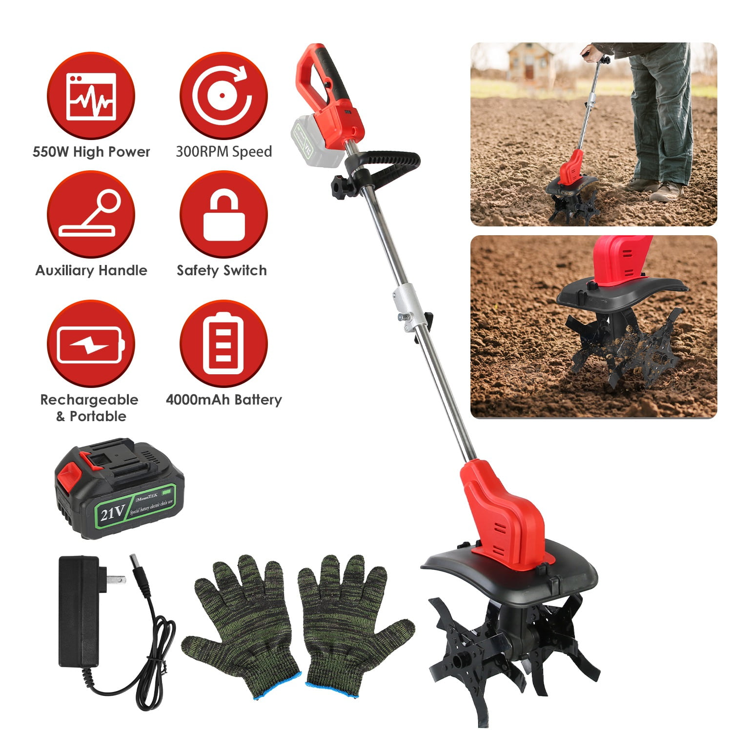 21V Cordless Electric Tiller Cultivator for Wide&Deep Tilling afety Lock Auxiliary Handle Perfect for Garden Bed Preparation Weeding Soil Aeration Lawn Care Raised Bed Vegetable Patch Gardening Tool