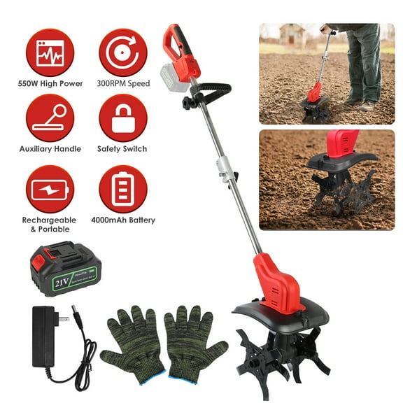 iMounTEK 21V Electric Garden Tiller, 550W 300RPM 4000mAh Battery Cordless Tiller Cultivator, Tilling 9-in Width & 9-in Depth with 4 Blades 16 Steel Tines
