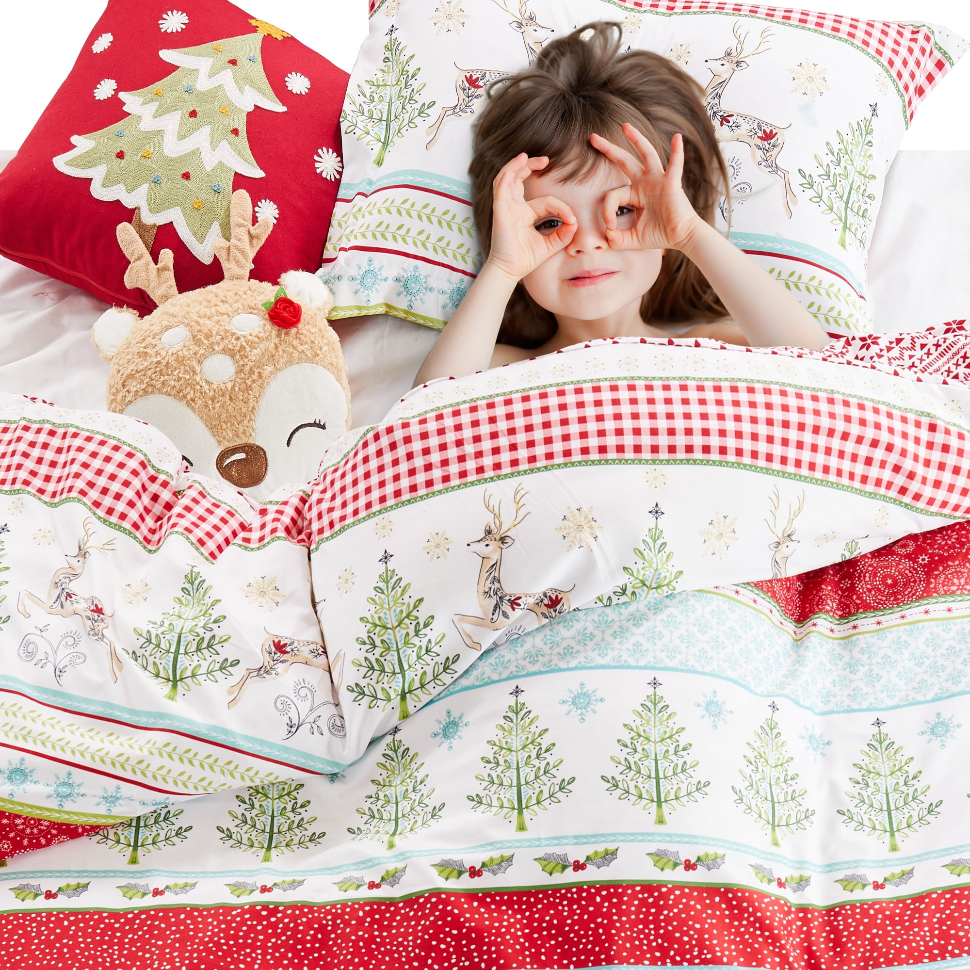 Merry & Bright by Levtex Home - Comet and Cupid Duvet Cover Set - Full/Queen Duvet Cover + Two Standard Pillow Cases - Holiday Deer and Christmas Trees