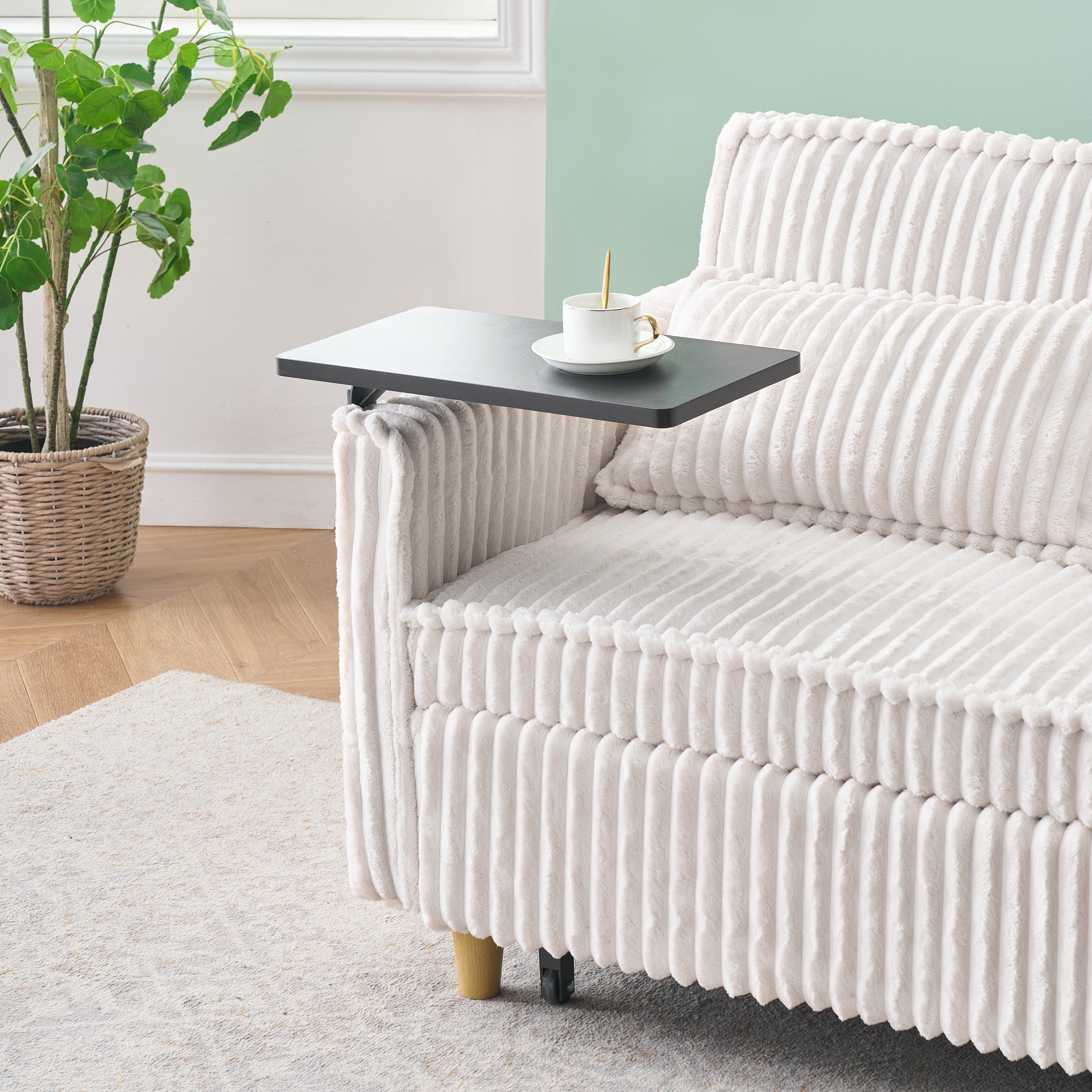 MAYEERTY 54" Pull Out Corduroy Sofa Bed with a Movable Tabletop and USB Ports, Loveseat Sleeper for Apartment, Living Room, Small Space, Beige