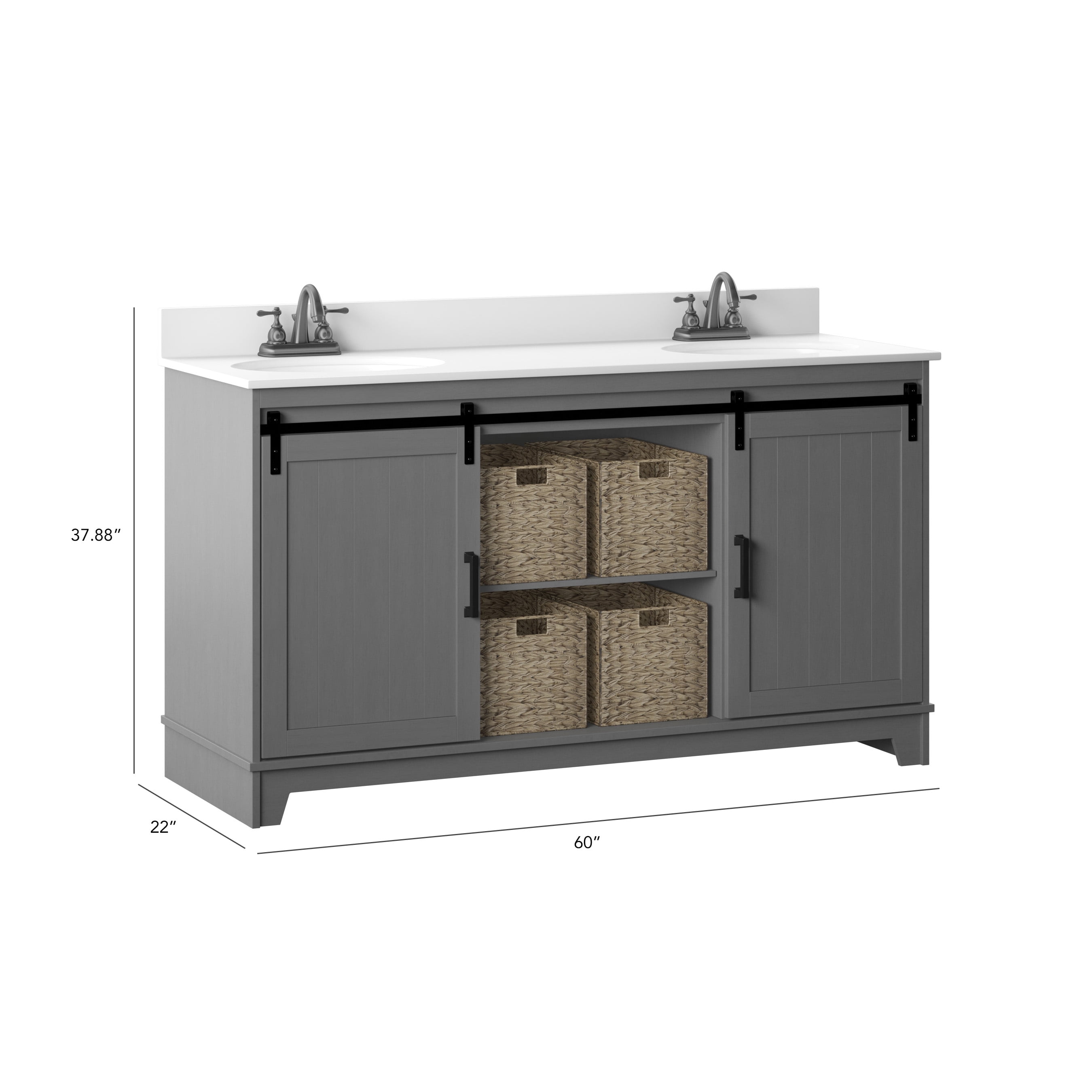 Twin Star Home 60" Sliding Barn Door Double Sink Bathroom Vanity with 4 Woven Baskets