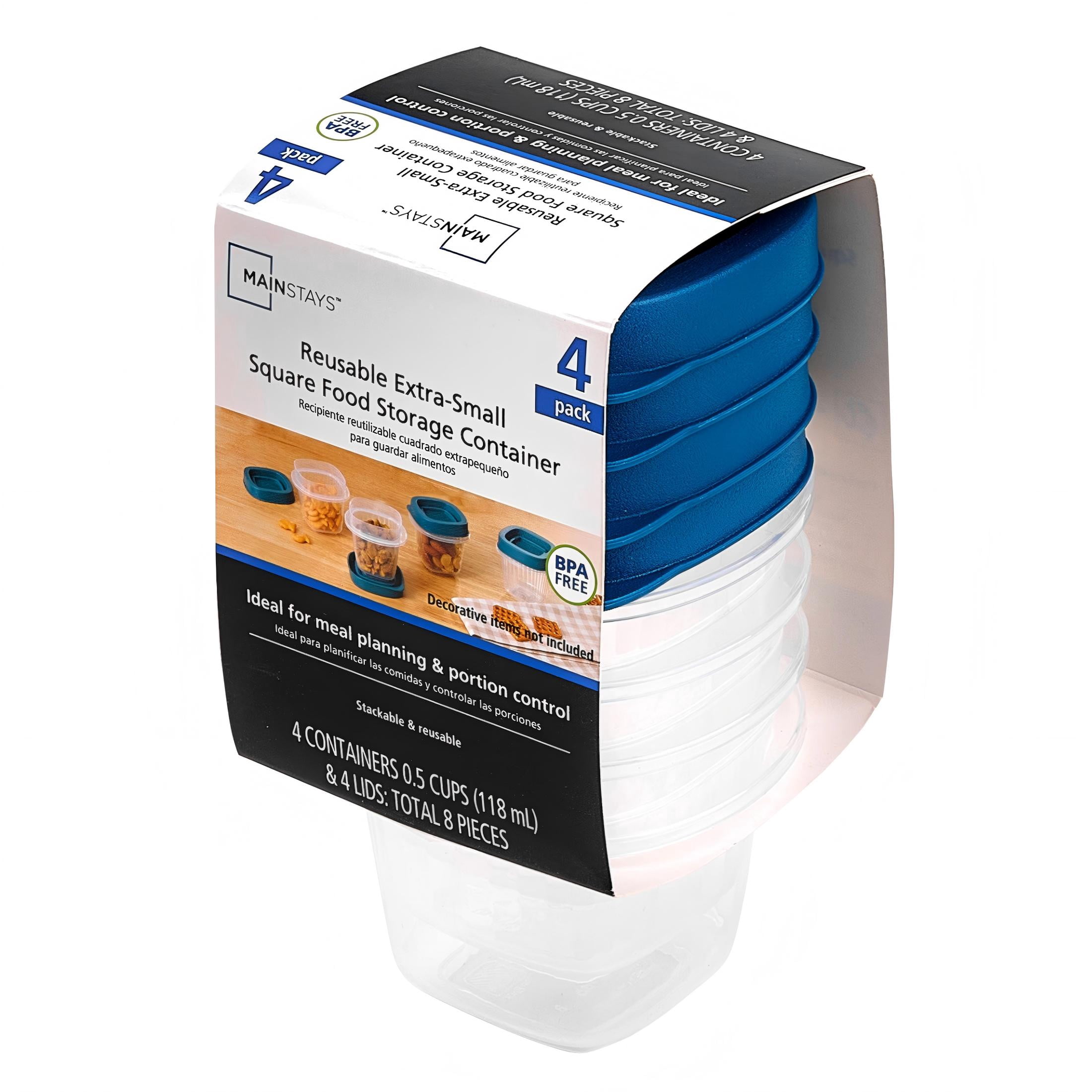 (2 pack) Mainstays Reusable Food Storage Container,  Extra-Small Square, Plastic 4-Pack, 4 Containers with Lids, 0.5 Cup, Ideal for Snacks and Sauces