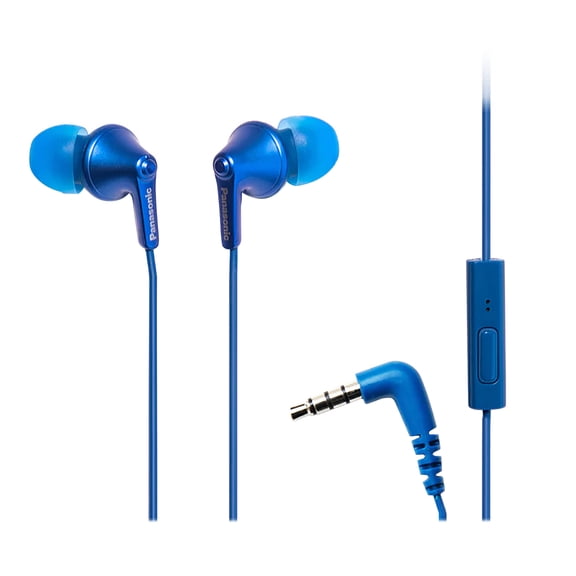 Panasonic ErgoFit Wired In-Ear Earbud Headphones with In-Line Mic/Call Remote and Right-Angle 3.5-mm TRRS Connector, RP-TCM125, Metallic Blue