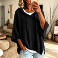 thumbnail image 2 of Pullover Sweaters for Women Hooded Side Slit Ribbed 3/4 Batwing Sleeve Sweaters Soft Ribbed Knitted Drawstring Sweatshirts Trendy Sweatshirts Daily Office Work Travel Outfits, Black L, 2 of 6
