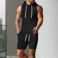 thumbnail image 4 of FRSASU Men's Jacquard Knitted 2 Piece Outfits Summer Hooded Sleeveless Tank and Drawstring Casual Track Shorts Set with Pockets Black, 4 of 9