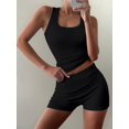 thumbnail image 4 of Women Workout Sets 2 Piece Seamless Ribbed Crop Tank High Waist Shorts Yoga Outfits Black S, 4 of 7