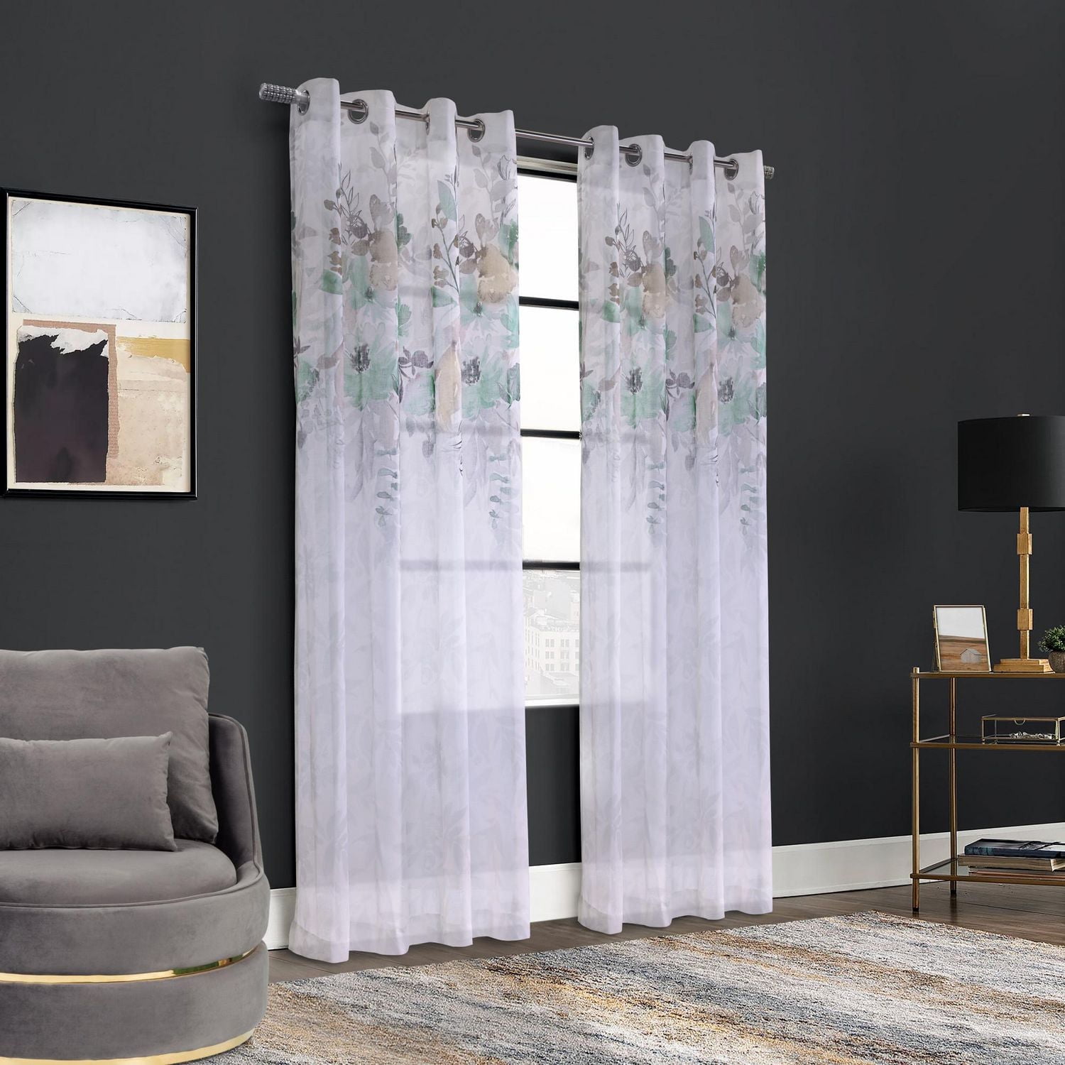 Flora Sheer Grommet Curtain Panel Pair 52" x 95" each in Olive Green