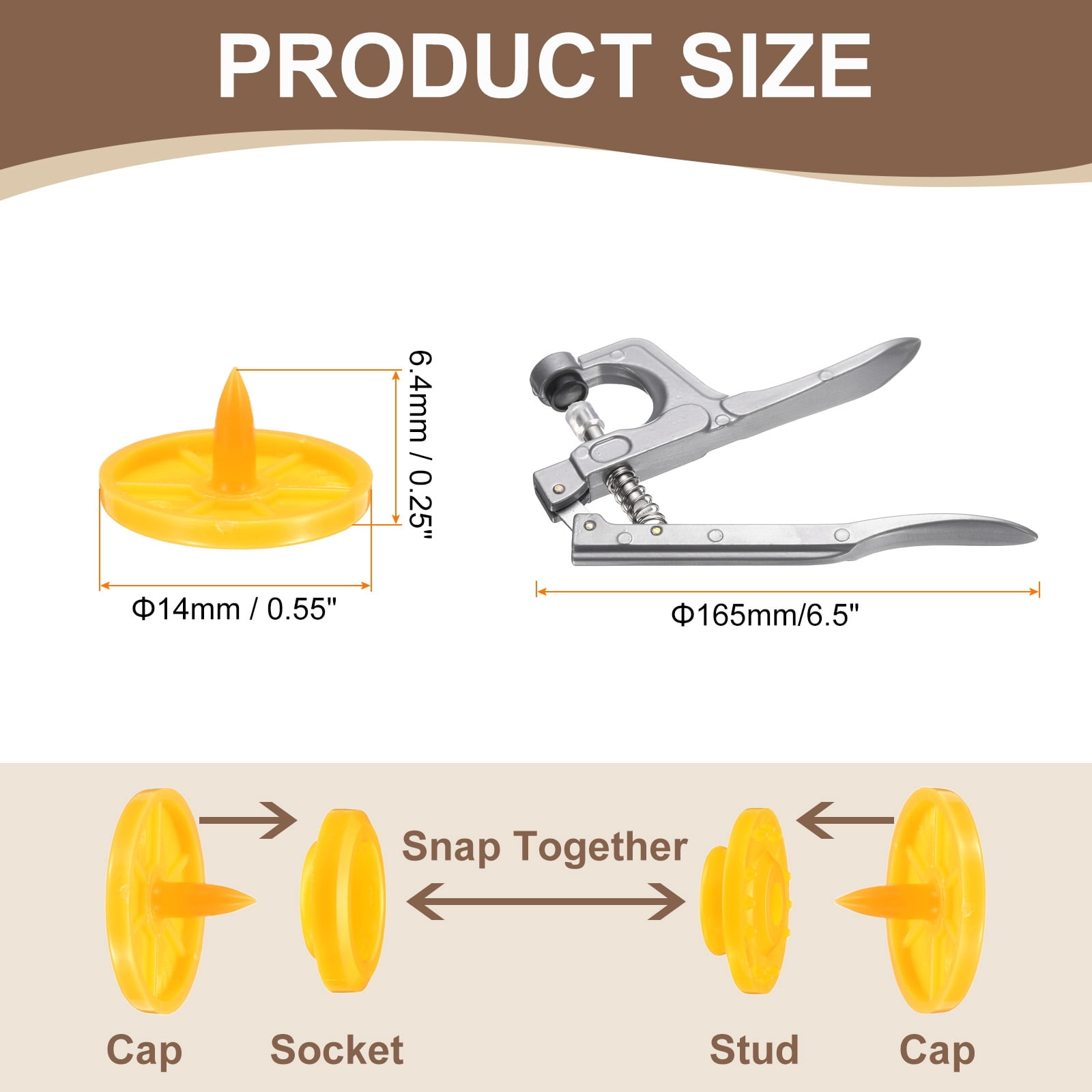 Uxcell Plastic Snaps Fasteners with Snap Pliers, 100 Set T8 Round Resin No-Sew Button Snap Fasteners Kit Orange
