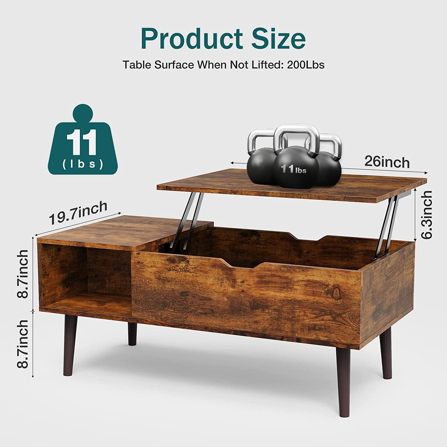 edx Adjustable Height Wooden Coffee Table with Hidden Compartments and Shelves - Perfect for Small Homes, Apartments, Reception Rooms, Rust Brown