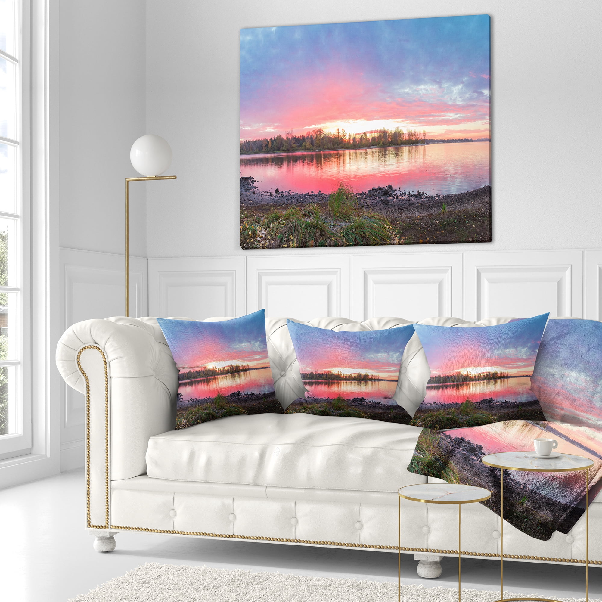 Designart Beautiful Fall Sunrise Over River - Landscape Printed Throw Pillow - 18x18