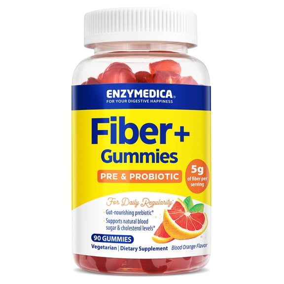 Enzymedica Fiber Gummies with Prebiotics & Probiotics for Daily Regularity, Vegetarian, 5g Fiber, Natural Fiber Supplement, Blood Orange Flavor, 90 count