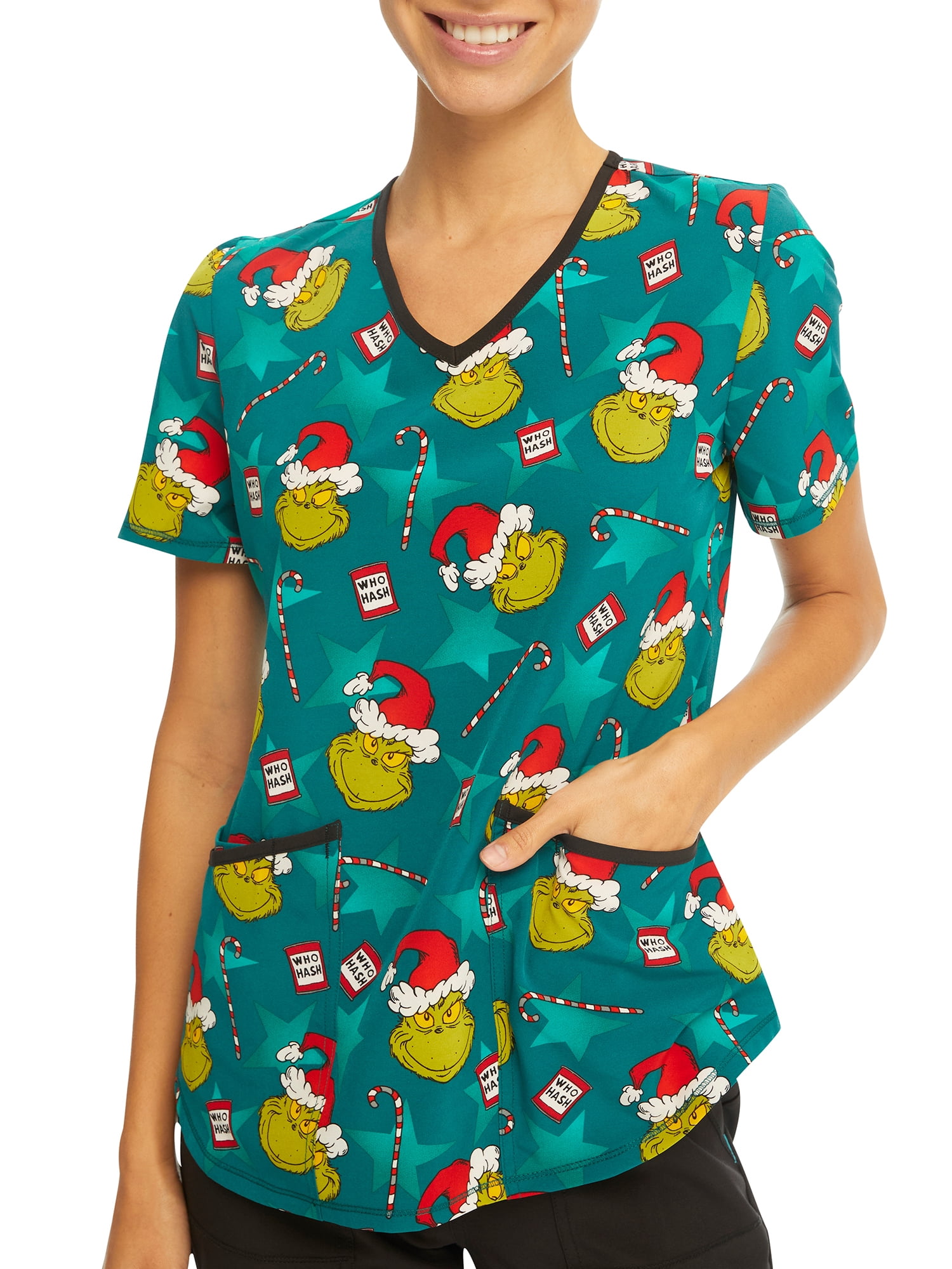 Scrubstar Women's Dr. Seuss The Grinch "Get Your Grinch On" V-Neck Print Scrub Top