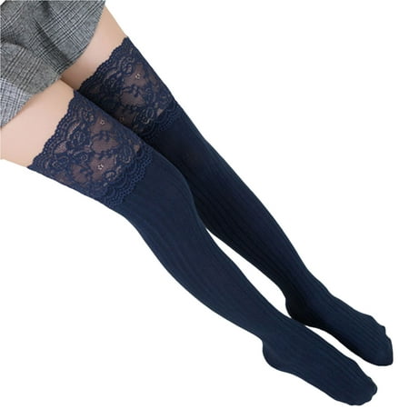 

rygai 1 Pair Thigh High Stockings Knee Length Lace Stitching Solid Color Stretchy Super Soft Keep Warm Polyester Thicken Warm Stockings Winter Over Knee Socks for Girl Navy Blue
