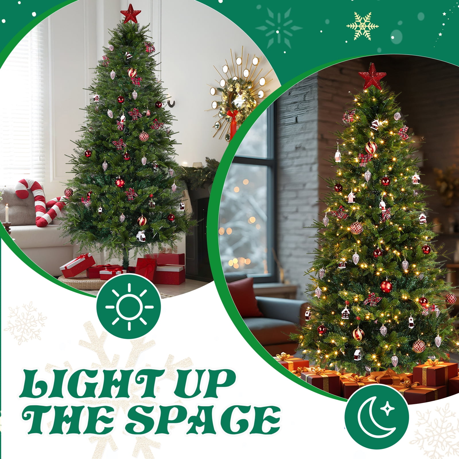 Astoutdoor 7.5 ft Artificial Christmas Tree with 400 Warm White LED Lights, Hinged Pine Tree with Tree Skirt and Ornaments, Green